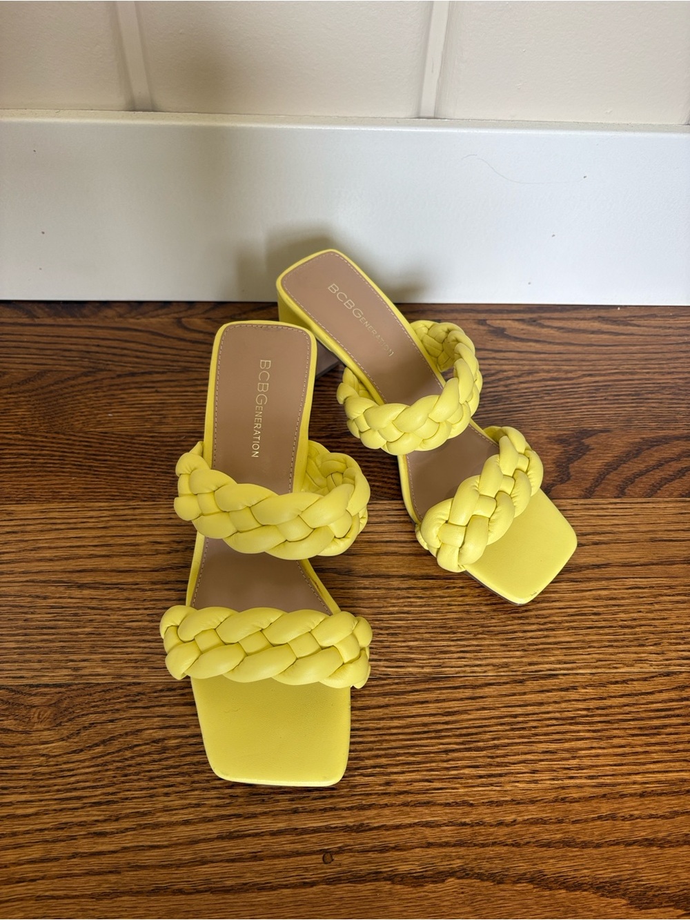 BCBGeneration Bright Yellow Braided Double-Strap Slide Mules